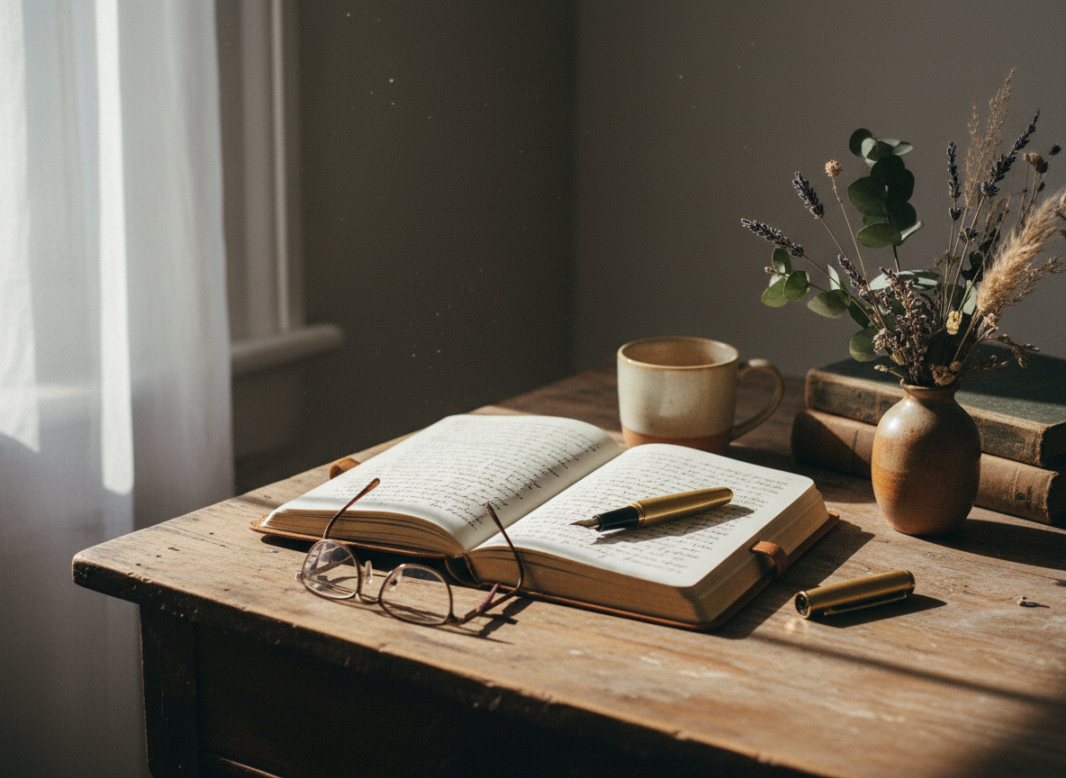 Quiet still life on a wooden desk in a home studio: an open handwritten journal, a fountain pen, a pair of reading glasses, and a small vase of dried flowers, bathed in warm afternoon light through a window. Muted earthy tones, warm cream and soft brown palette, film-grain texture, lived-in and personal. Editorial, contemplative.